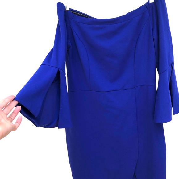 ABS Allen‎ Schwartz Off-Shoulder Capri Blue Cocktail Dress Bell Sleeves 12 - Picture 5 of 16